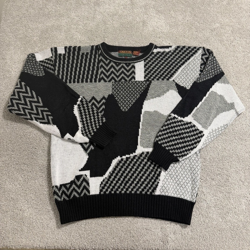 Vintage Oakton Limited Sweater Mens XLT Black White Geometric Preppy Pullover